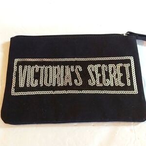 Victoria's Secret Black Silver Sequin Zip pouch Wristlet